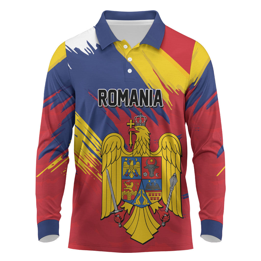 Personalized Romania Flag Day Long Sleeve Polo Shirt Royal Eagle Patriotic Heritage