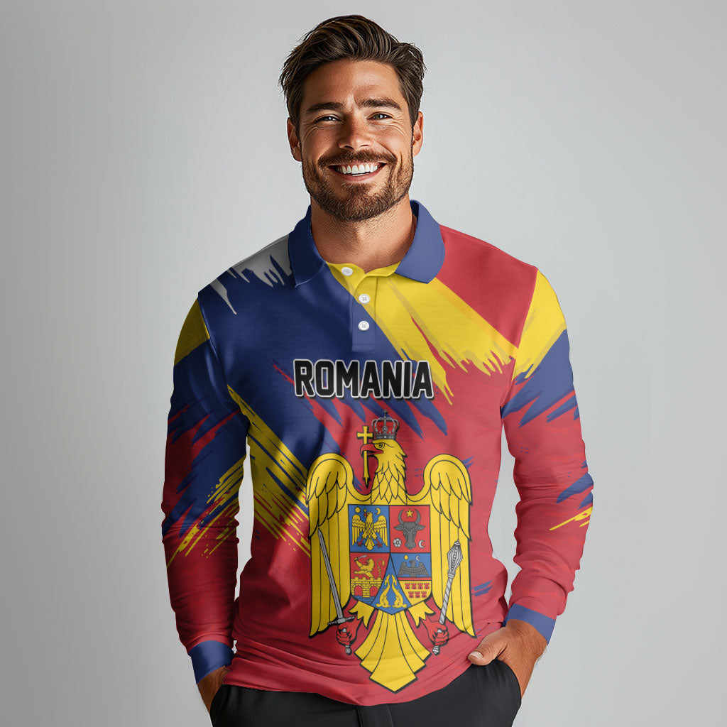 Personalized Romania Flag Day Long Sleeve Polo Shirt Royal Eagle Patriotic Heritage