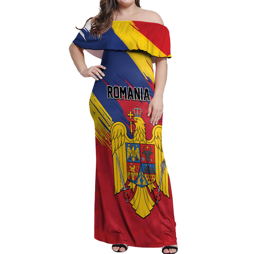 Personalized Romania Flag Day Off Shoulder Maxi Dress Royal Eagle Patriotic Heritage