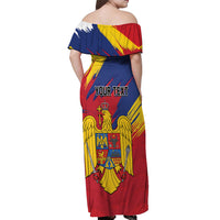 Personalized Romania Flag Day Off Shoulder Maxi Dress Royal Eagle Patriotic Heritage