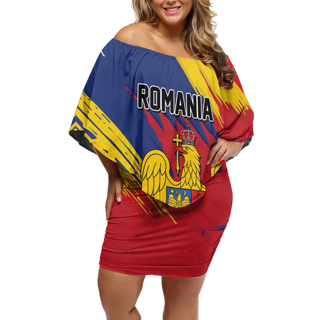 Personalized Romania Flag Day Off Shoulder Short Dress Royal Eagle Patriotic Heritage