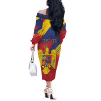 Personalized Romania Flag Day Off The Shoulder Long Sleeve Dress Royal Eagle Patriotic Heritage