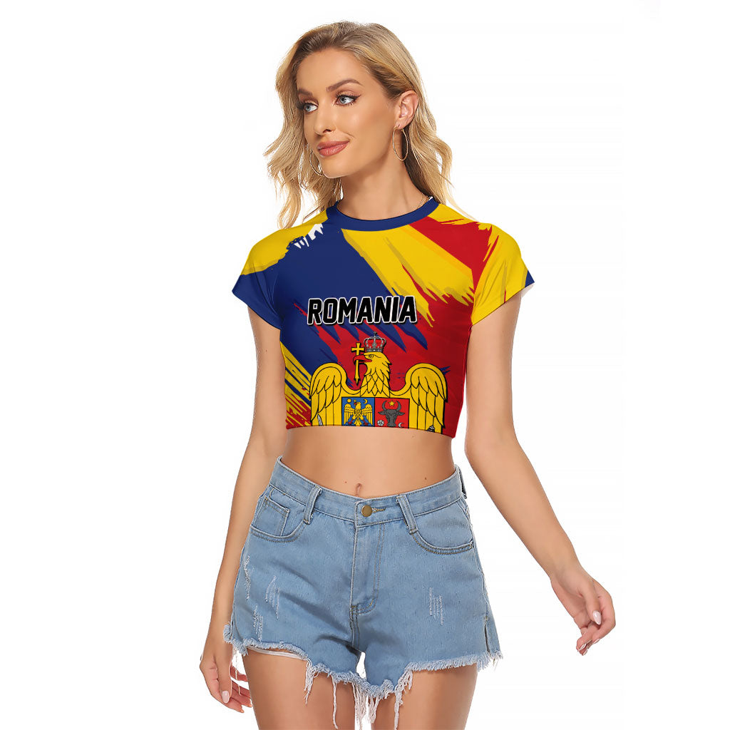 Personalized Romania Flag Day Raglan Cropped T Shirt Royal Eagle Patriotic Heritage