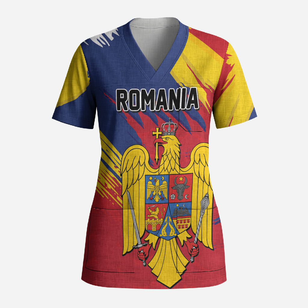 Personalized Romania Flag Day Scrub Top Royal Eagle Patriotic Heritage