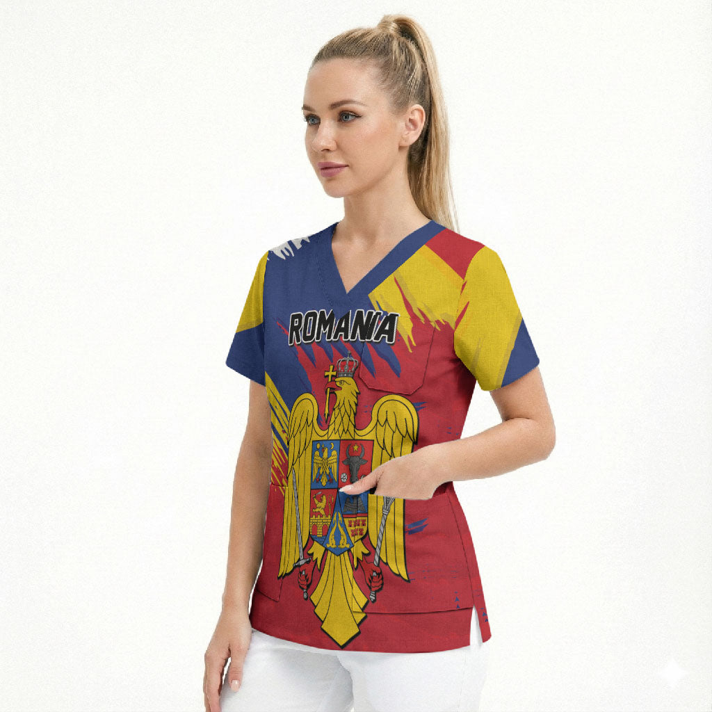 Personalized Romania Flag Day Scrub Top Royal Eagle Patriotic Heritage