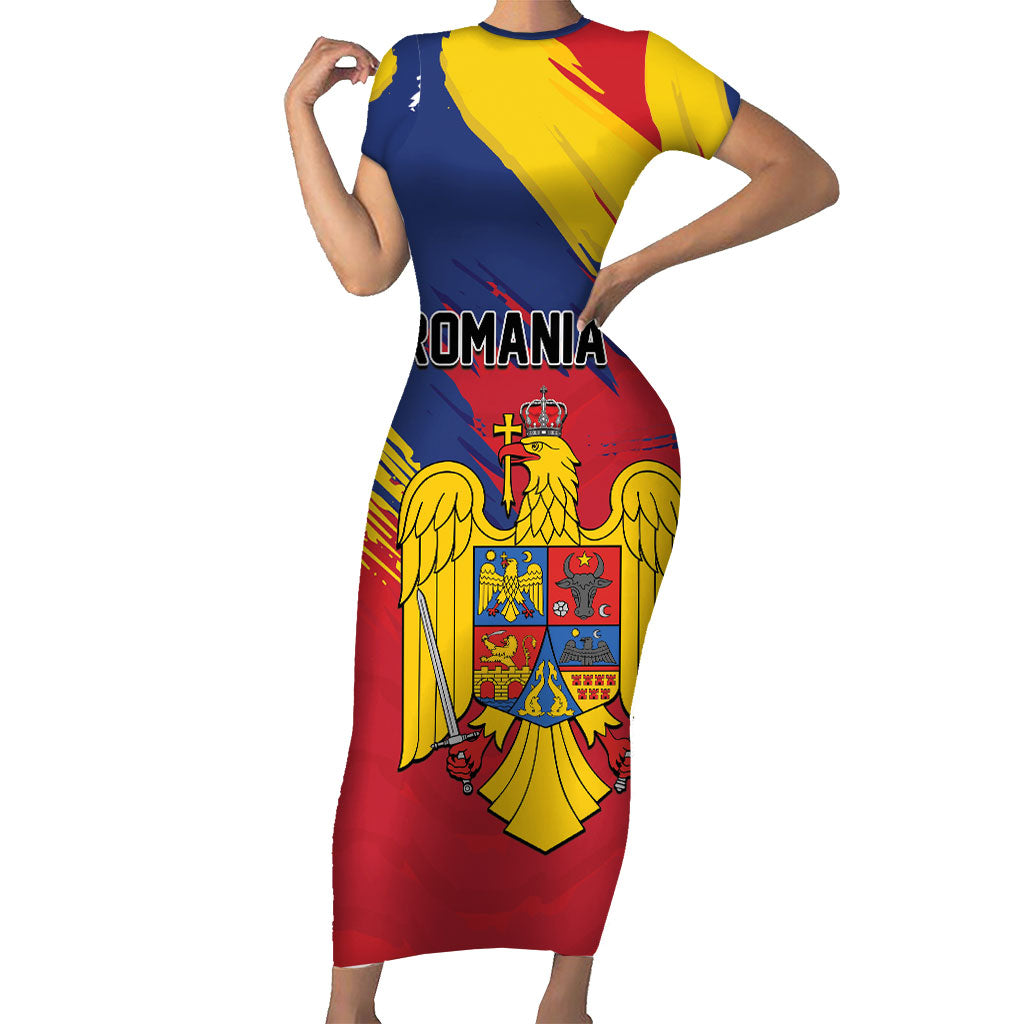 Personalized Romania Flag Day Short Sleeve Bodycon Dress Royal Eagle Patriotic Heritage