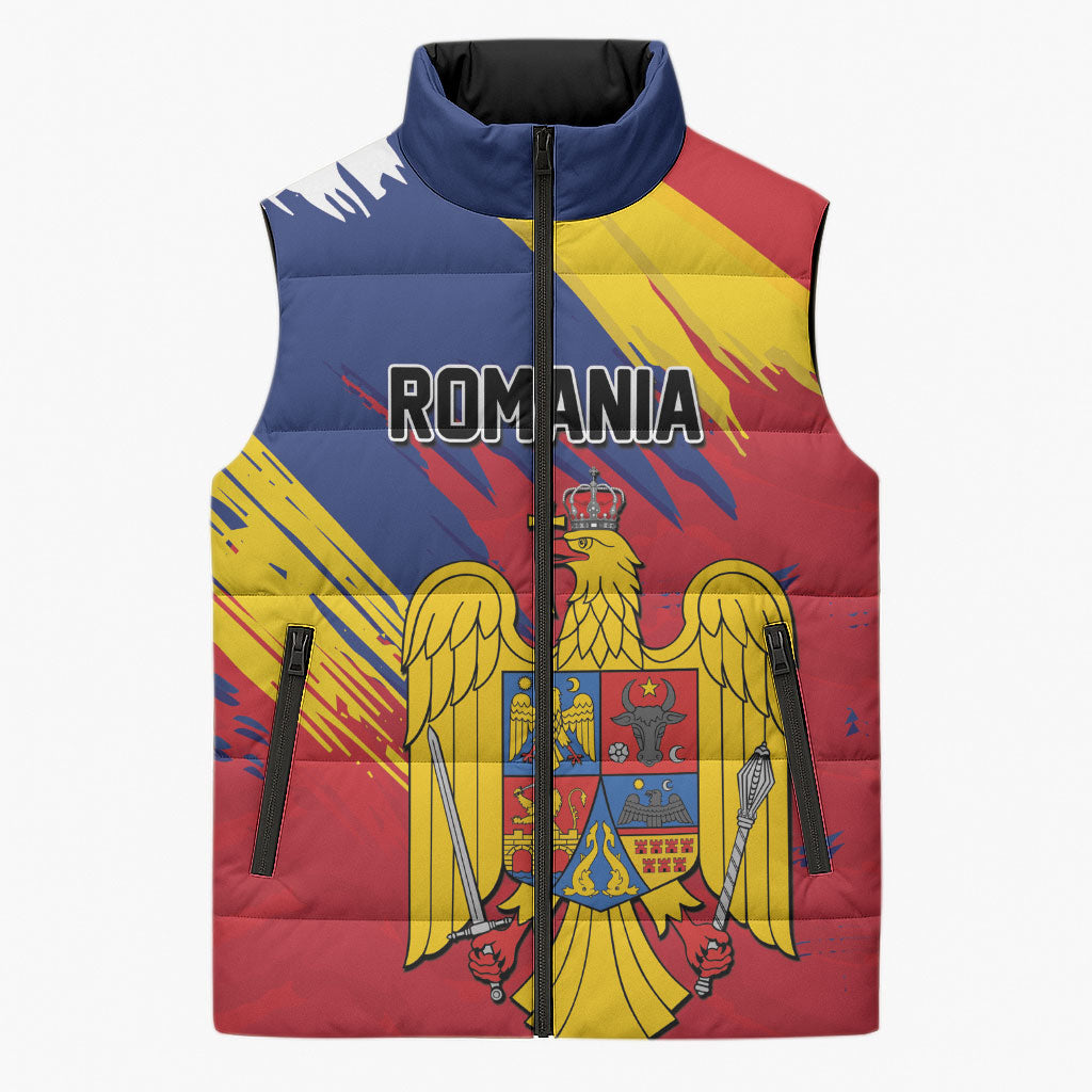 Personalized Romania Flag Day Sleeveless Puffer Jacket Royal Eagle Patriotic Heritage
