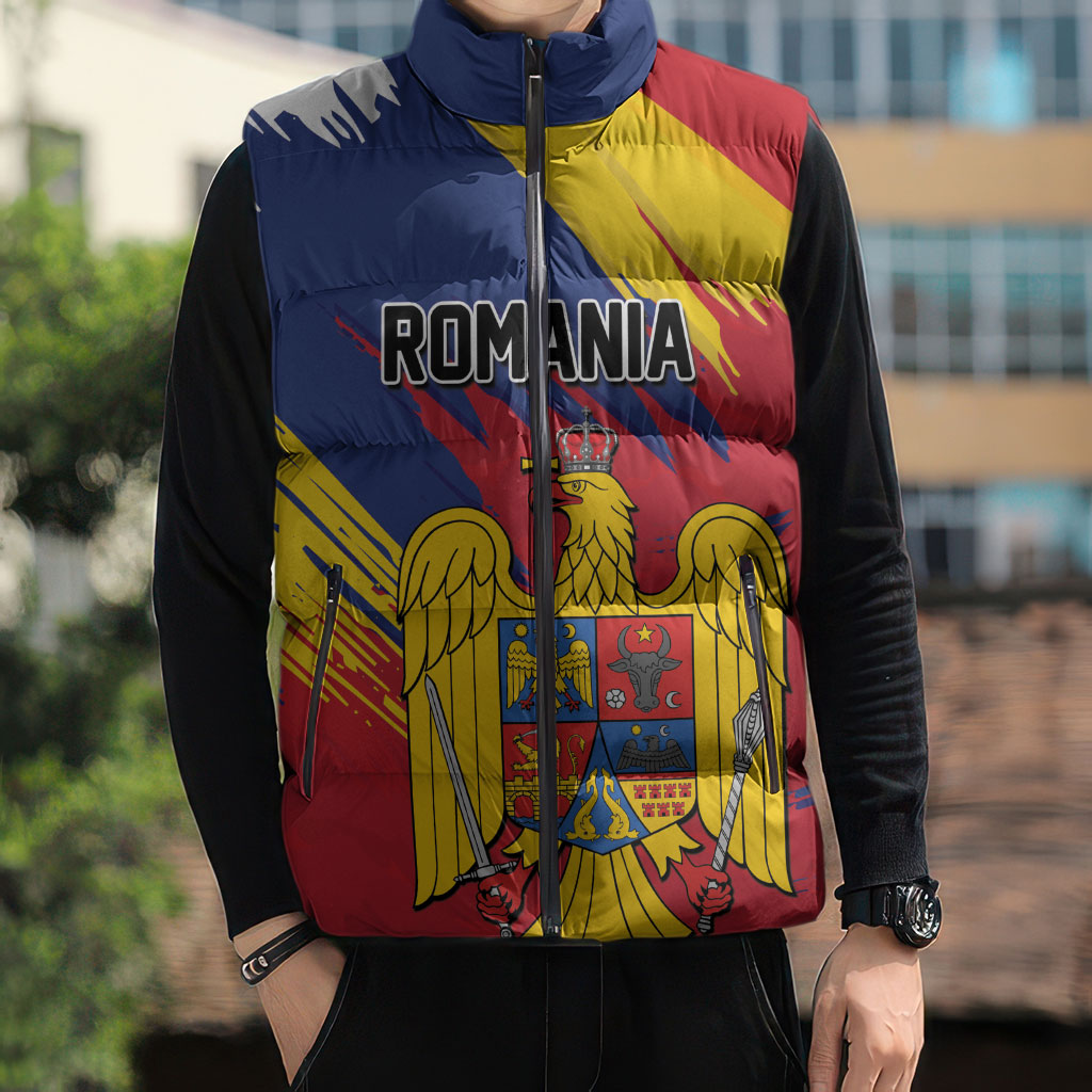 Personalized Romania Flag Day Sleeveless Puffer Jacket Royal Eagle Patriotic Heritage