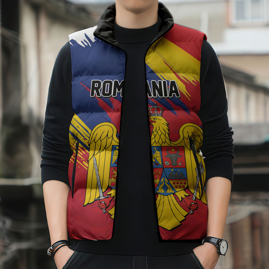 Personalized Romania Flag Day Sleeveless Puffer Jacket Royal Eagle Patriotic Heritage
