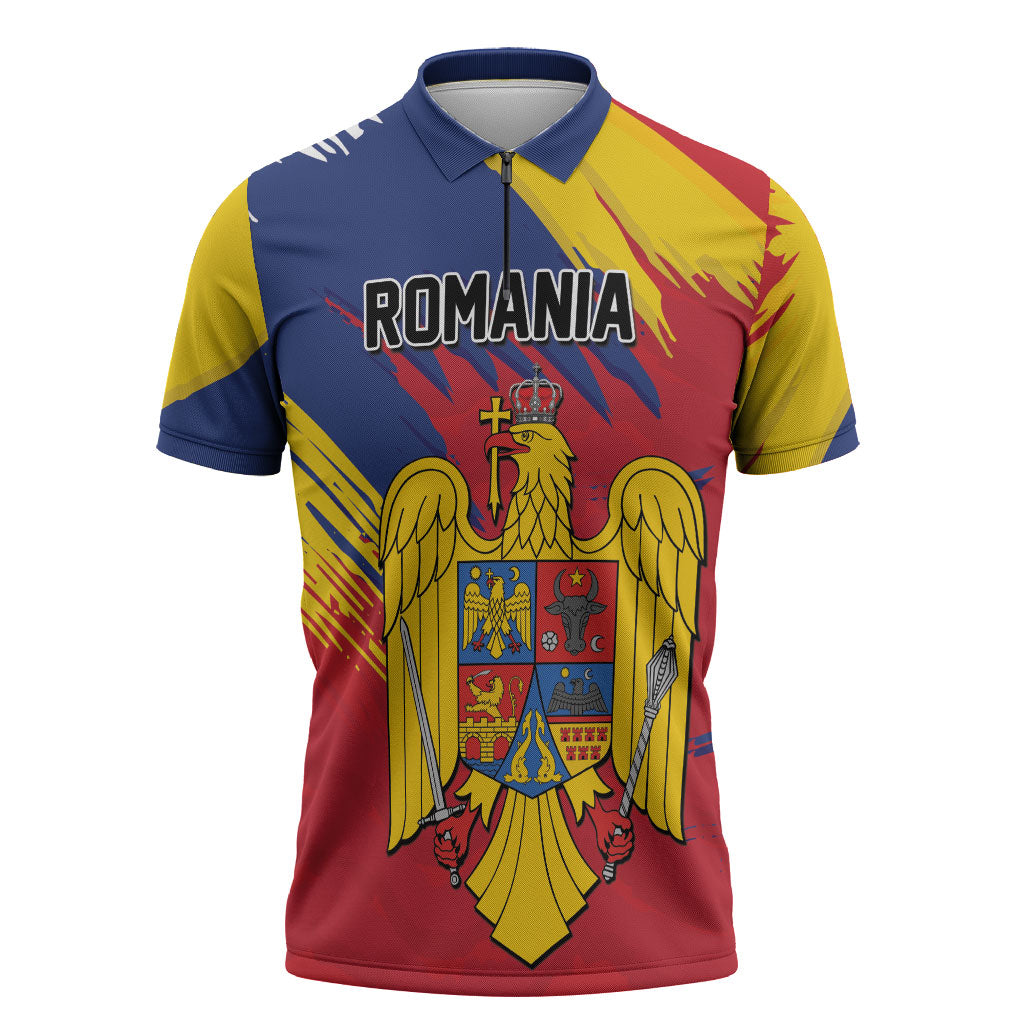 Personalized Romania Flag Day Zipper Polo Shirt Royal Eagle Patriotic Heritage