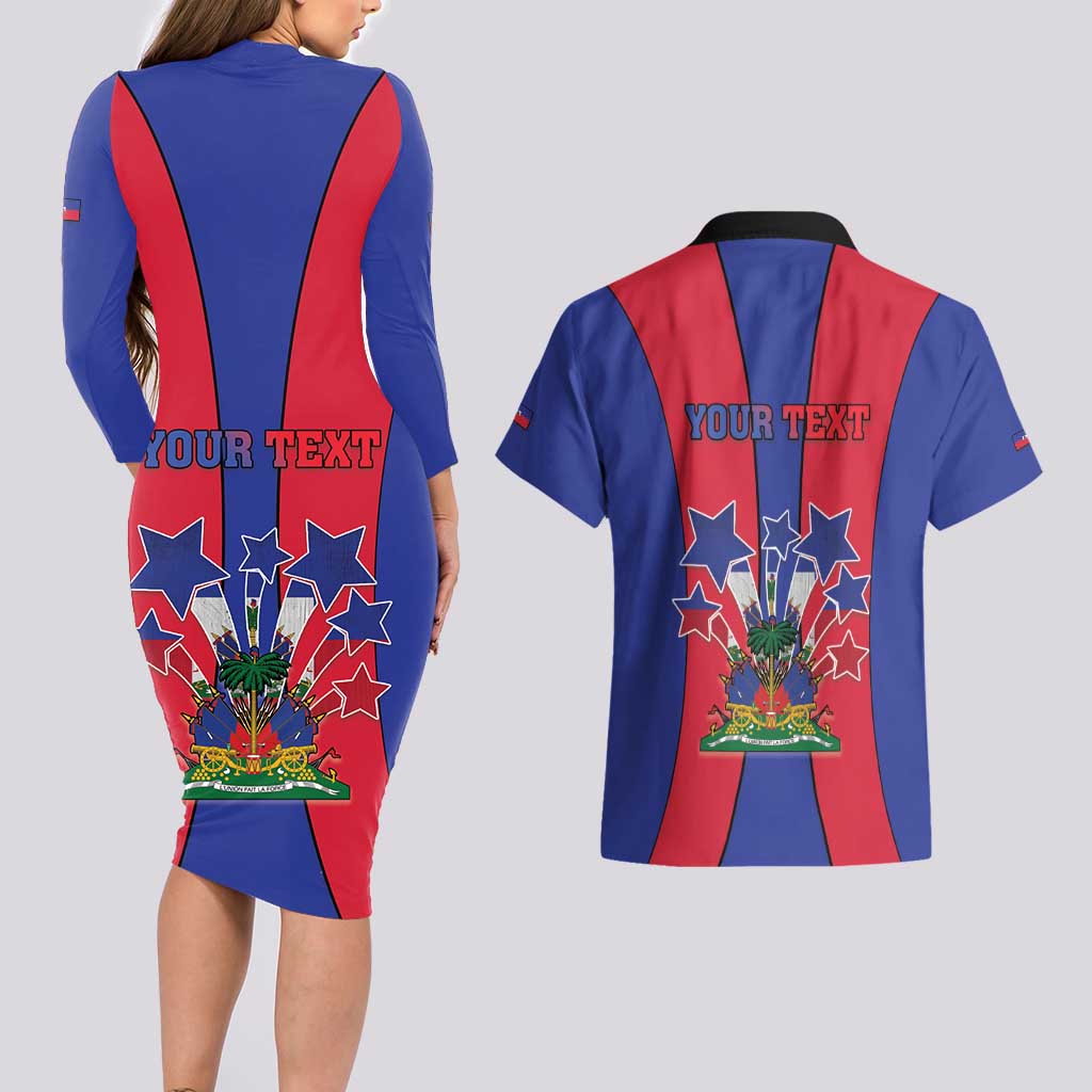 Personalized Haiti Coat Of Arms Couples Matching Long Sleeve Bodycon Dress and Hawaiian Shirt With Flag Color - Wonder Print Shop