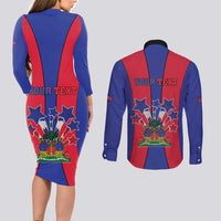 Personalized Haiti Coat Of Arms Couples Matching Long Sleeve Bodycon Dress and Long Sleeve Button Shirt With Flag Color - Wonder Print Shop