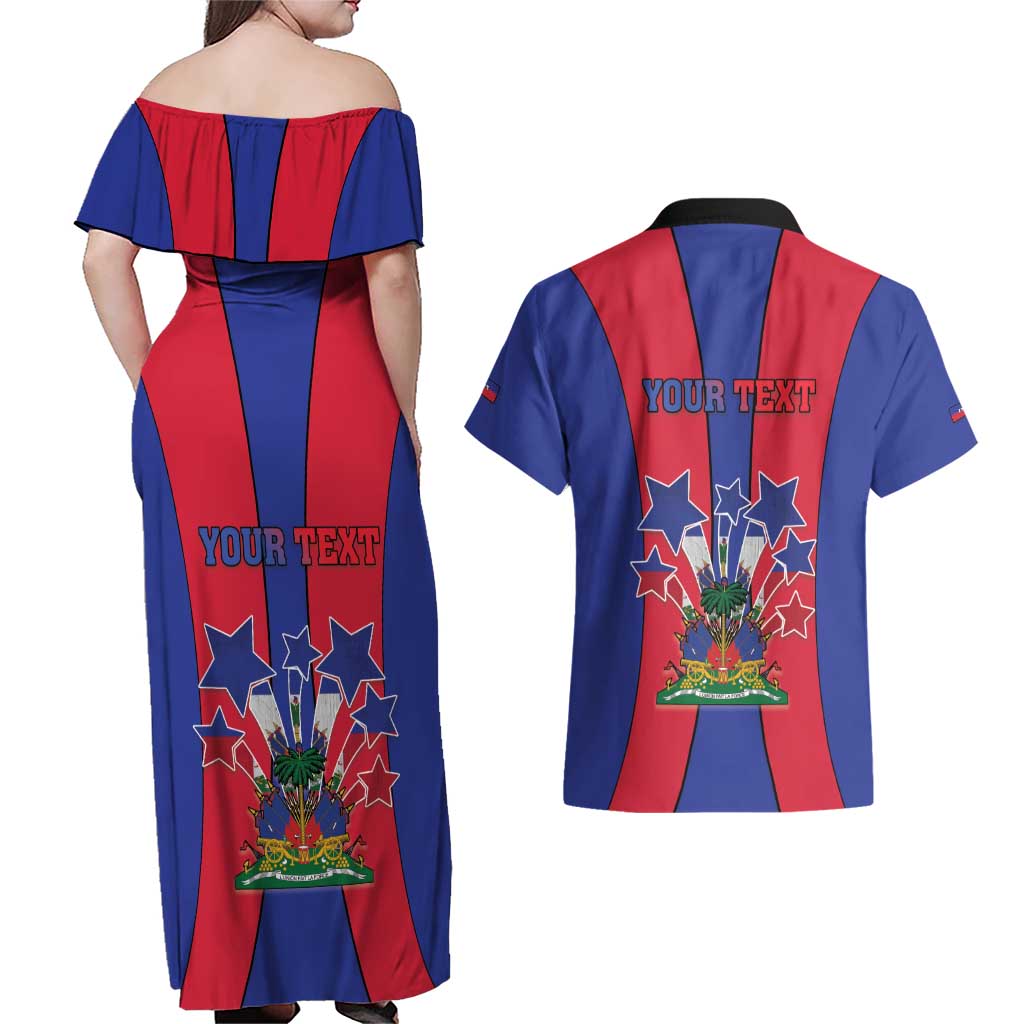 Personalized Haiti Coat Of Arms Couples Matching Off Shoulder Maxi Dress and Hawaiian Shirt With Flag Color - Wonder Print Shop