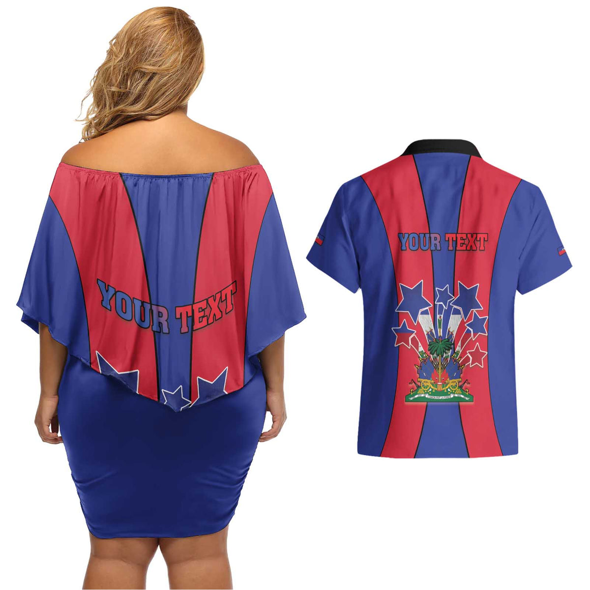 Personalized Haiti Coat Of Arms Couples Matching Off Shoulder Short Dress and Hawaiian Shirt With Flag Color - Wonder Print Shop