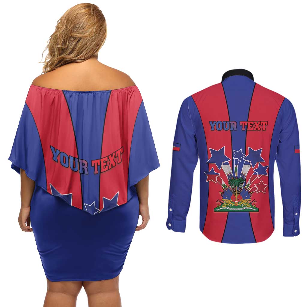 Personalized Haiti Coat Of Arms Couples Matching Off Shoulder Short Dress and Long Sleeve Button Shirt With Flag Color - Wonder Print Shop