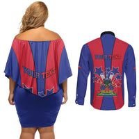 Personalized Haiti Coat Of Arms Couples Matching Off Shoulder Short Dress and Long Sleeve Button Shirt With Flag Color - Wonder Print Shop