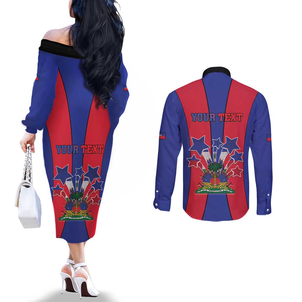 Personalized Haiti Coat Of Arms Couples Matching Off The Shoulder Long Sleeve Dress and Long Sleeve Button Shirt With Flag Color