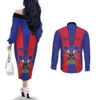 Personalized Haiti Coat Of Arms Couples Matching Off The Shoulder Long Sleeve Dress and Long Sleeve Button Shirt With Flag Color