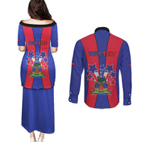 Personalized Haiti Coat Of Arms Couples Matching Puletasi and Long Sleeve Button Shirt With Flag Color - Wonder Print Shop