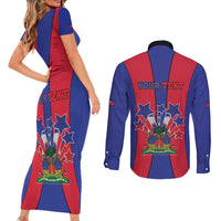 Personalized Haiti Coat Of Arms Couples Matching Short Sleeve Bodycon Dress and Long Sleeve Button Shirt With Flag Color - Wonder Print Shop
