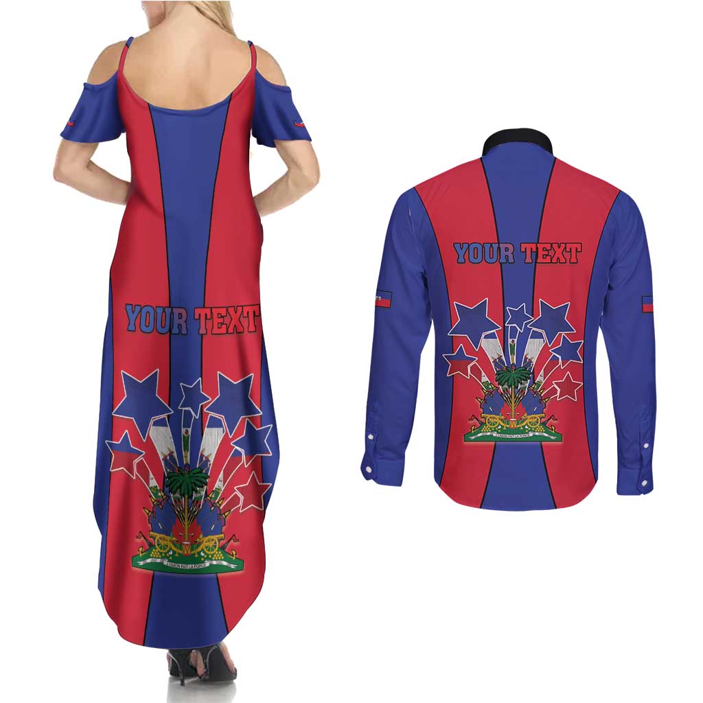Personalized Haiti Coat Of Arms Couples Matching Summer Maxi Dress and Long Sleeve Button Shirt With Flag Color - Wonder Print Shop