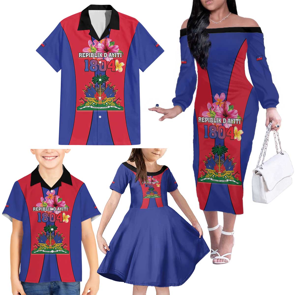 Personalized Haiti Coat Of Arms Family Matching Off The Shoulder Long Sleeve Dress and Hawaiian Shirt With Flag Color - Wonder Print Shop