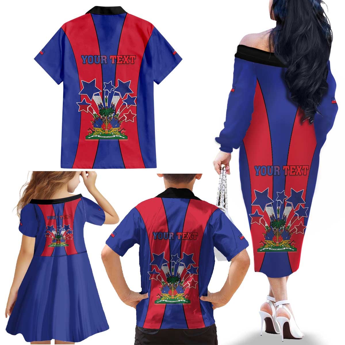 Personalized Haiti Coat Of Arms Family Matching Off The Shoulder Long Sleeve Dress and Hawaiian Shirt With Flag Color - Wonder Print Shop