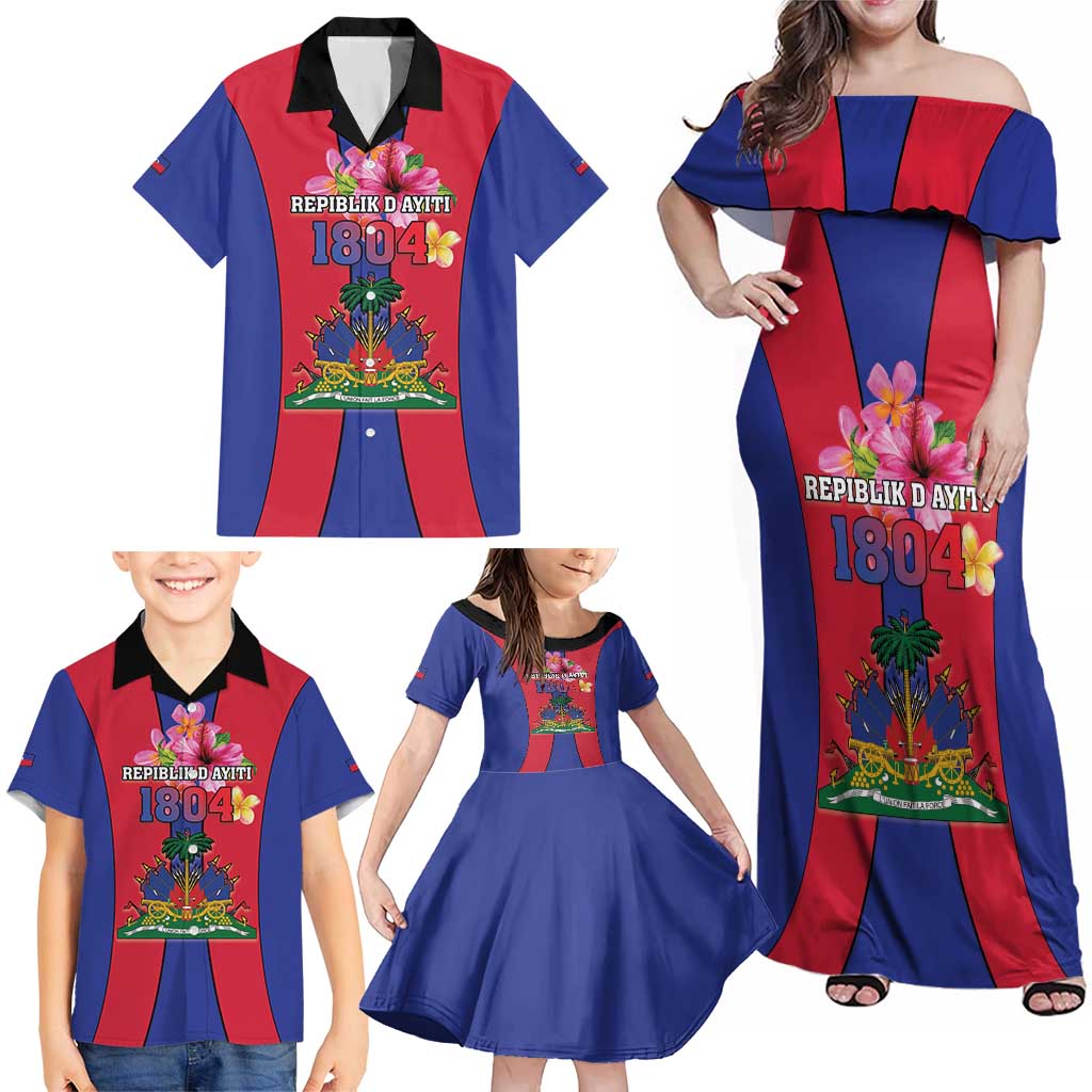 Personalized Haiti Coat Of Arms Family Matching Off Shoulder Maxi Dress and Hawaiian Shirt With Flag Color - Wonder Print Shop