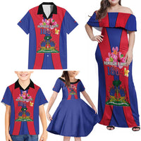 Personalized Haiti Coat Of Arms Family Matching Off Shoulder Maxi Dress and Hawaiian Shirt With Flag Color - Wonder Print Shop