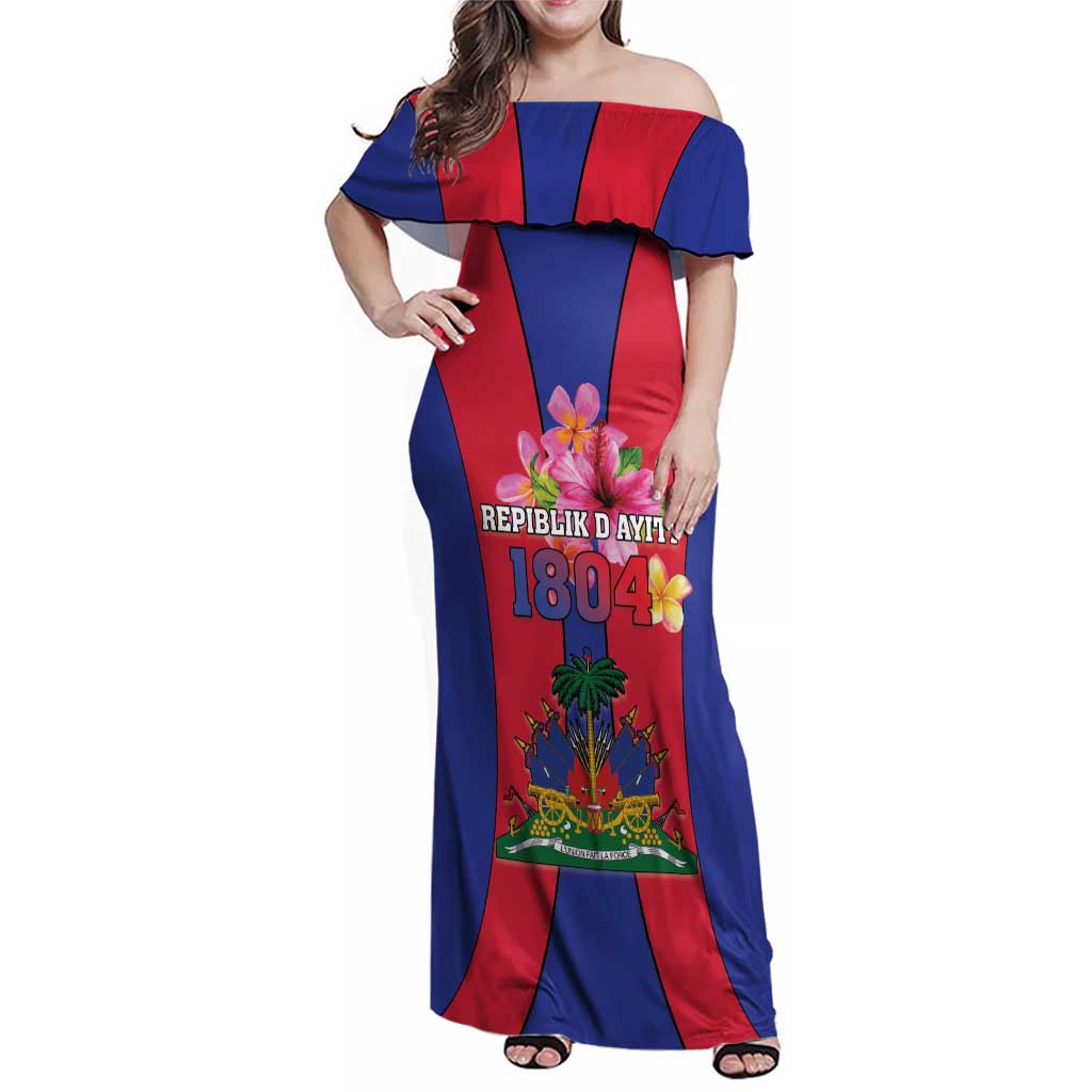 Personalized Haiti Coat Of Arms Family Matching Off Shoulder Maxi Dress and Hawaiian Shirt With Flag Color - Wonder Print Shop
