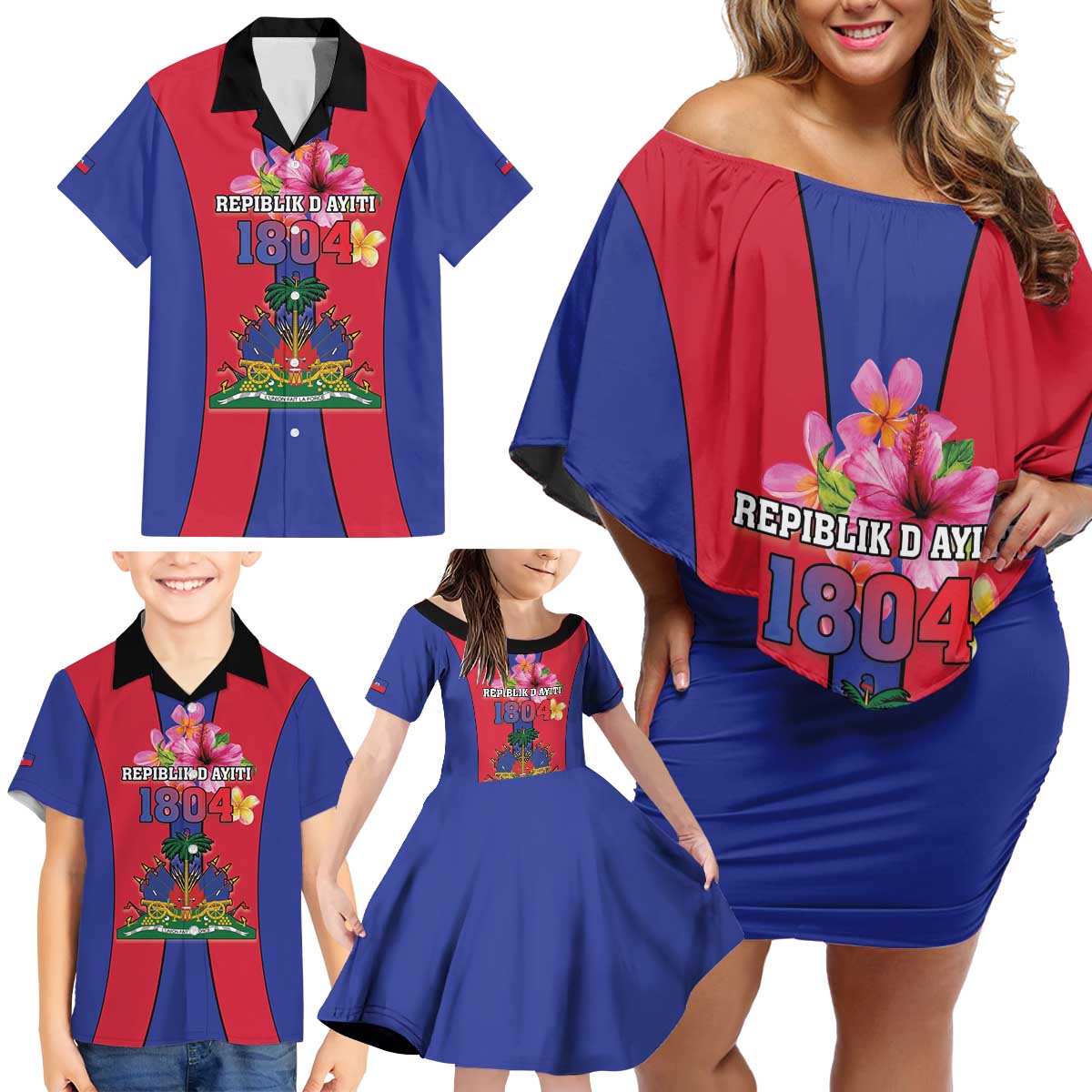 Personalized Haiti Coat Of Arms Family Matching Off Shoulder Short Dress and Hawaiian Shirt With Flag Color - Wonder Print Shop