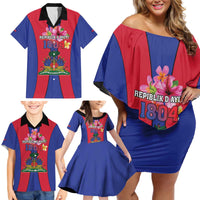 Personalized Haiti Coat Of Arms Family Matching Off Shoulder Short Dress and Hawaiian Shirt With Flag Color - Wonder Print Shop