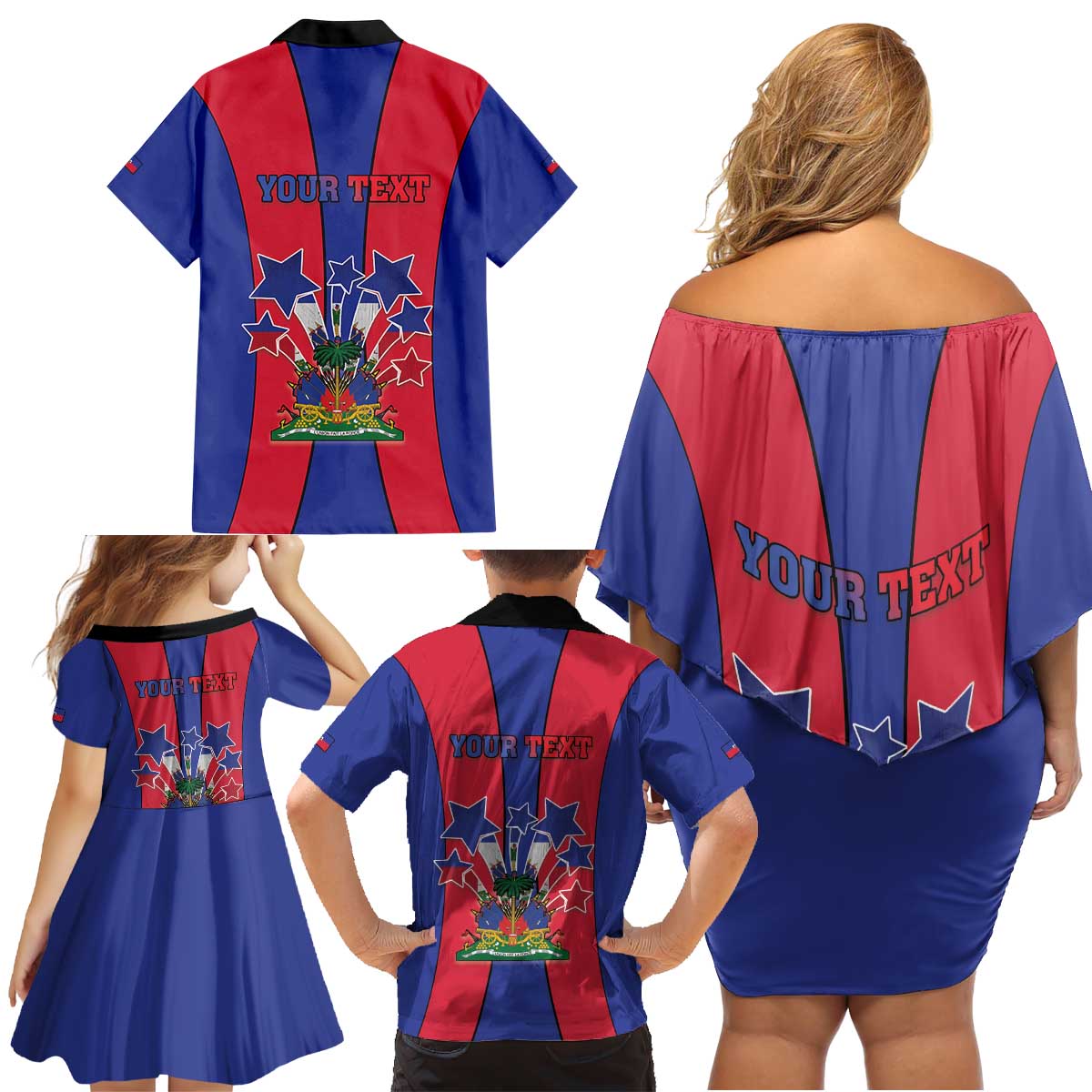 Personalized Haiti Coat Of Arms Family Matching Off Shoulder Short Dress and Hawaiian Shirt With Flag Color - Wonder Print Shop