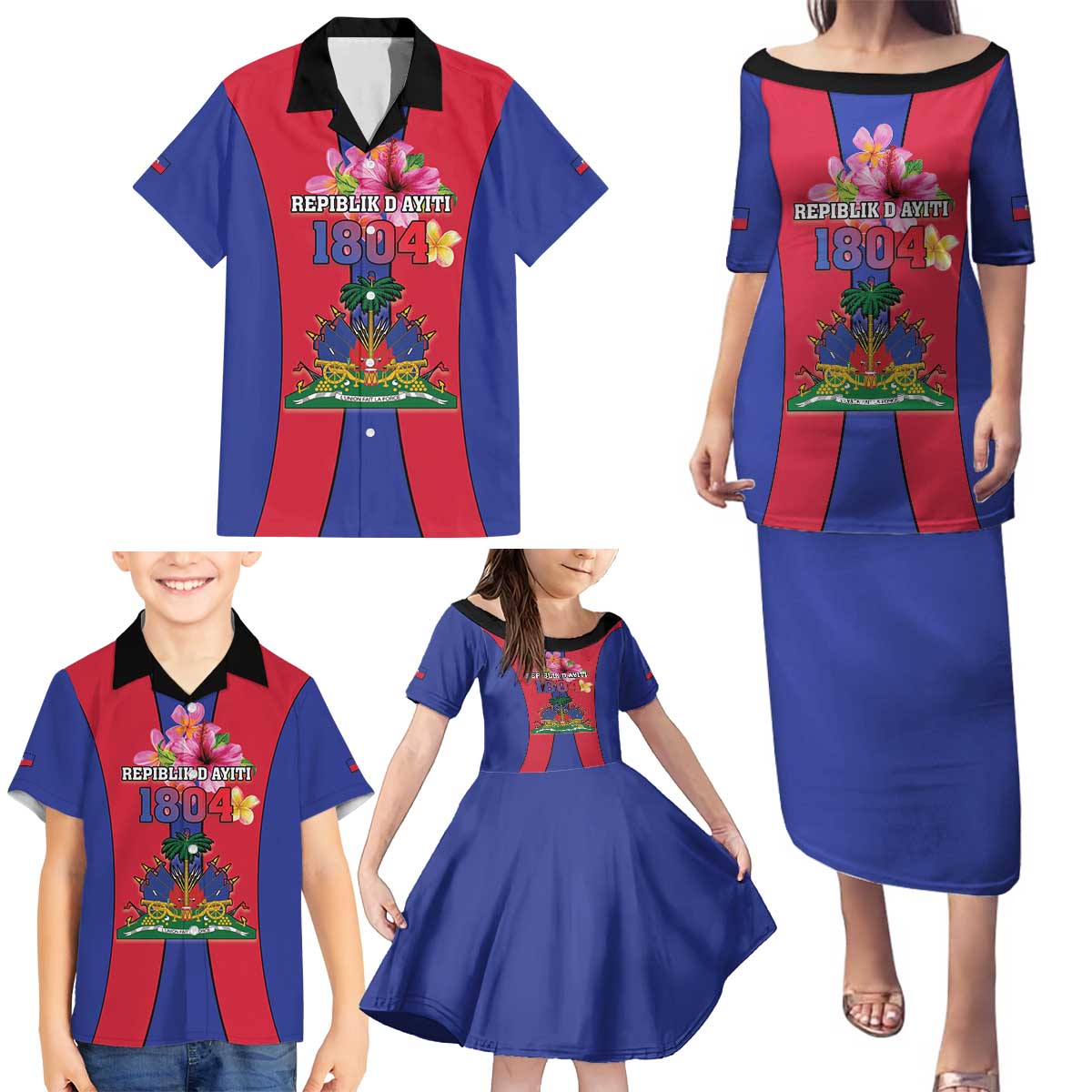 Personalized Haiti Coat Of Arms Family Matching Puletasi and Hawaiian Shirt With Flag Color - Wonder Print Shop