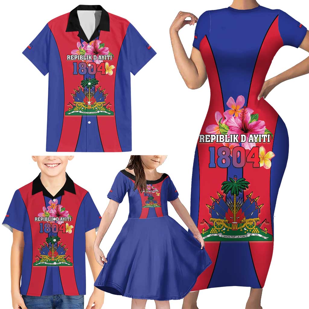 Personalized Haiti Coat Of Arms Family Matching Short Sleeve Bodycon Dress and Hawaiian Shirt With Flag Color - Wonder Print Shop