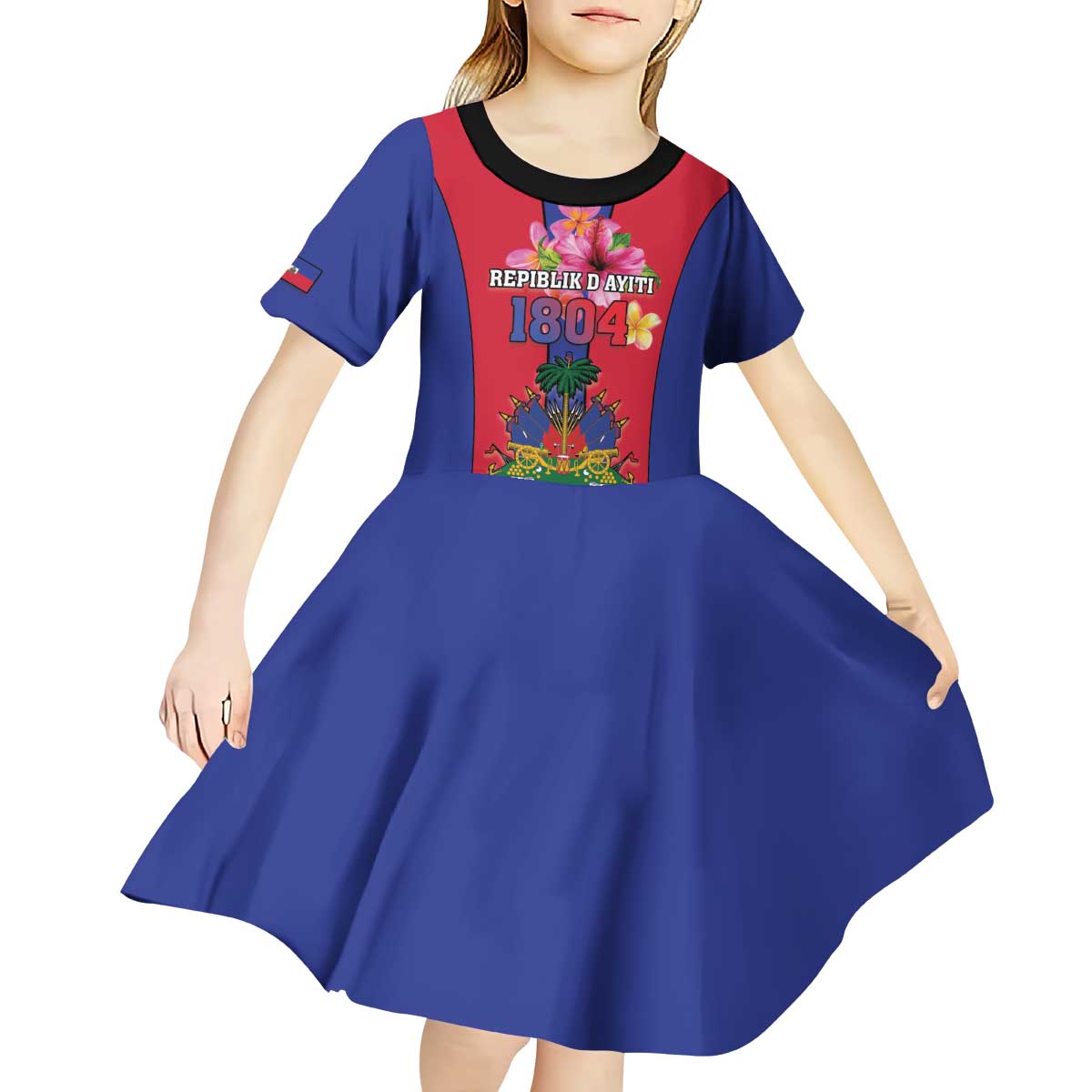 Personalized Haiti Coat Of Arms Kid Short Sleeve Dress With Flag Color - Wonder Print Shop