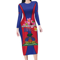 Personalized Haiti Coat Of Arms Long Sleeve Bodycon Dress With Flag Color - Wonder Print Shop