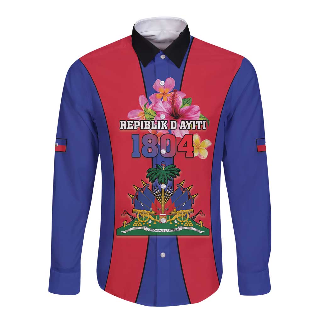 Personalized Haiti Coat Of Arms Long Sleeve Button Shirt With Flag Color - Wonder Print Shop