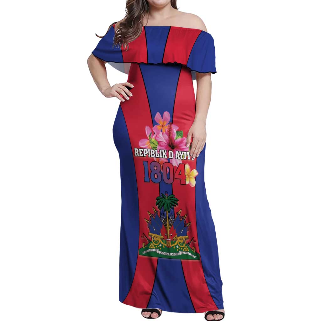 Personalized Haiti Coat Of Arms Off Shoulder Maxi Dress With Flag Color - Wonder Print Shop