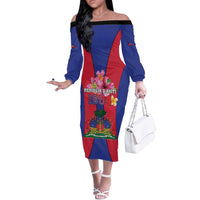 Personalized Haiti Coat Of Arms Off The Shoulder Long Sleeve Dress With Flag Color - Wonder Print Shop