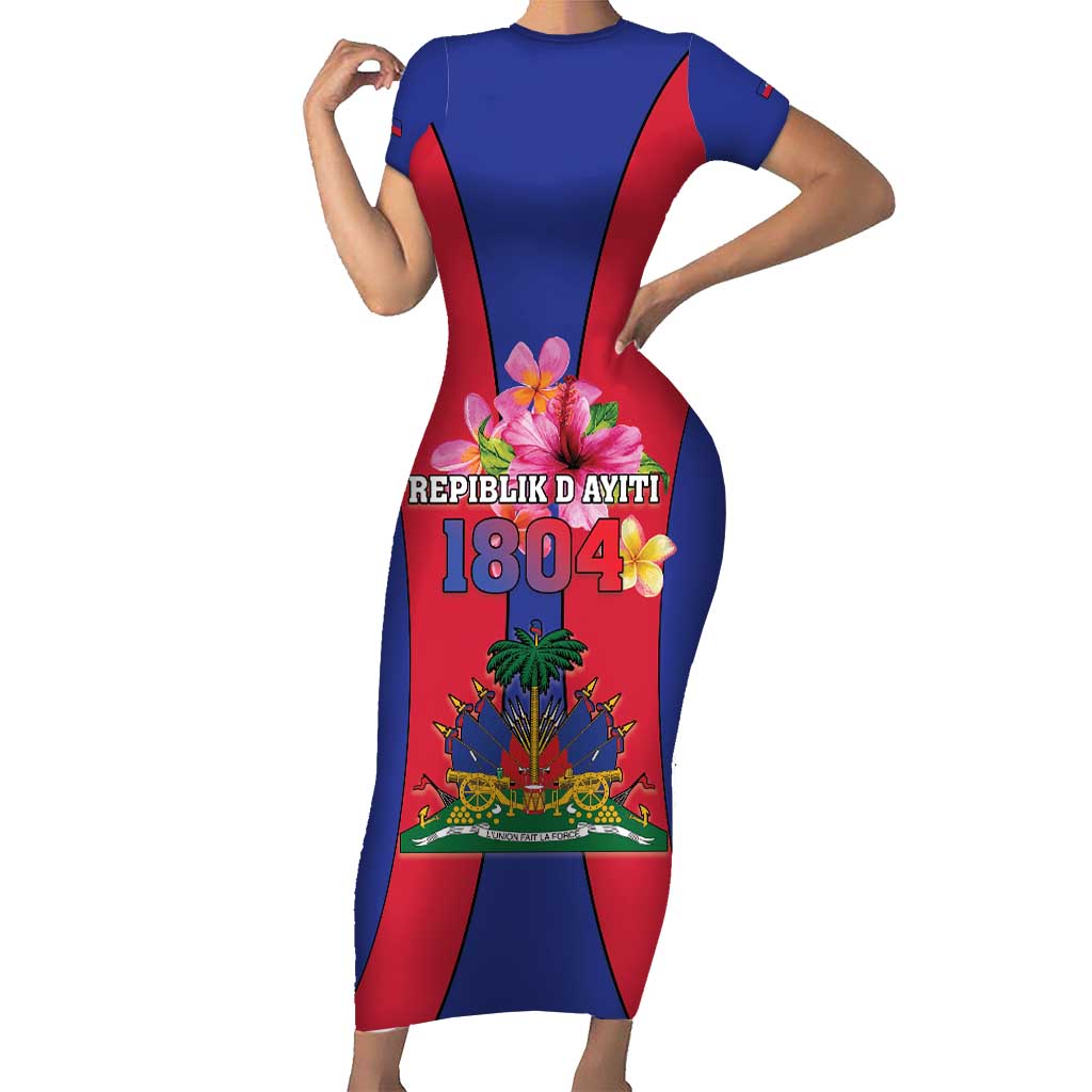 Personalized Haiti Coat Of Arms Short Sleeve Bodycon Dress With Flag Color - Wonder Print Shop