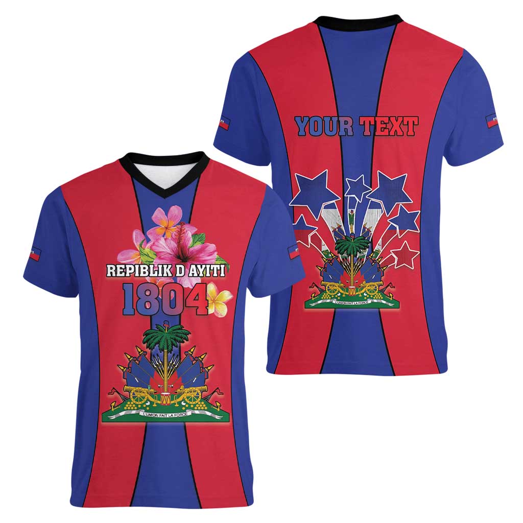 Personalized Haiti Coat Of Arms Women V-Neck T-Shirt With Flag Color - Wonder Print Shop