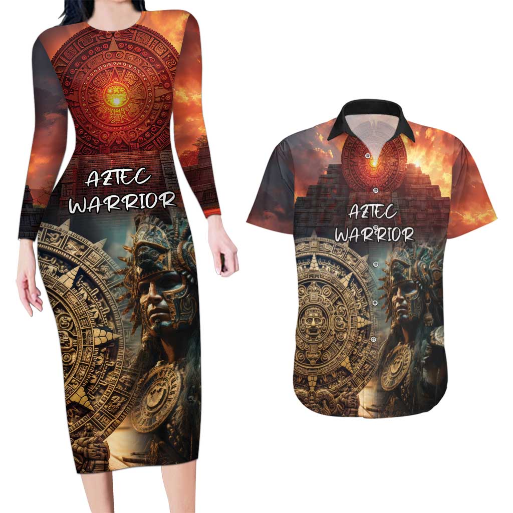 Personalized Mexican Aztec Warriors Couples Matching Long Sleeve Bodycon Dress and Hawaiian Shirt - Wonder Print Shop