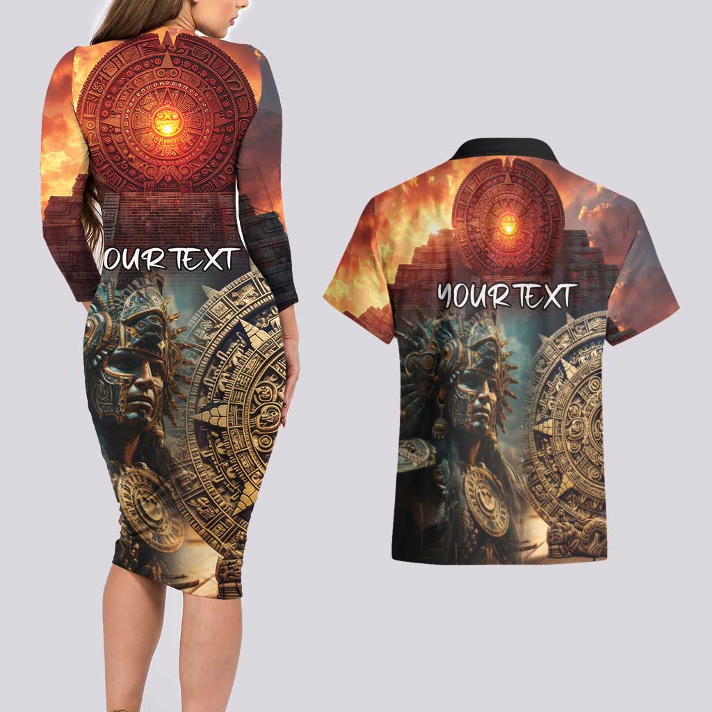 Personalized Mexican Aztec Warriors Couples Matching Long Sleeve Bodycon Dress and Hawaiian Shirt - Wonder Print Shop