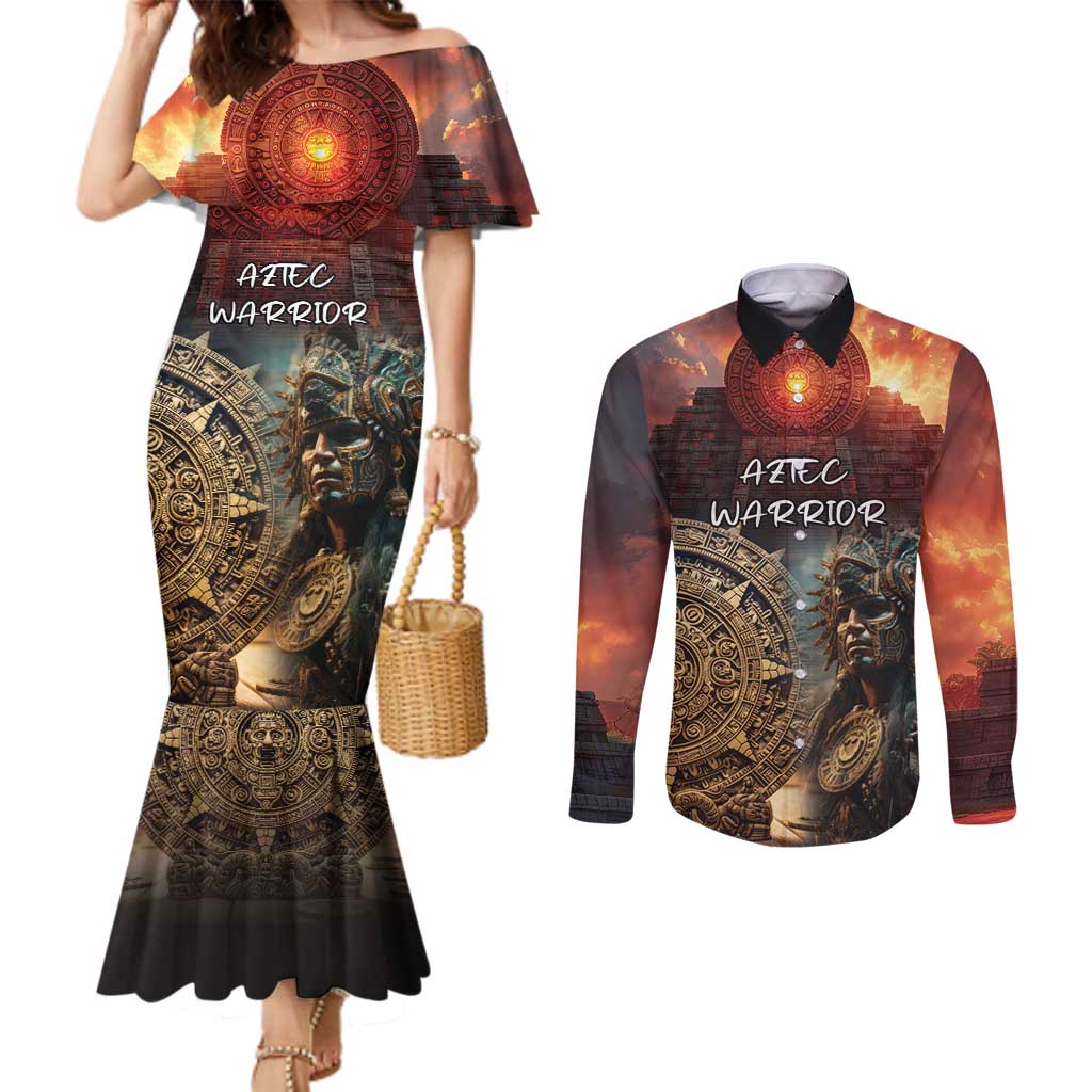 Personalized Mexican Aztec Warriors Couples Matching Mermaid Dress and Long Sleeve Button Shirt