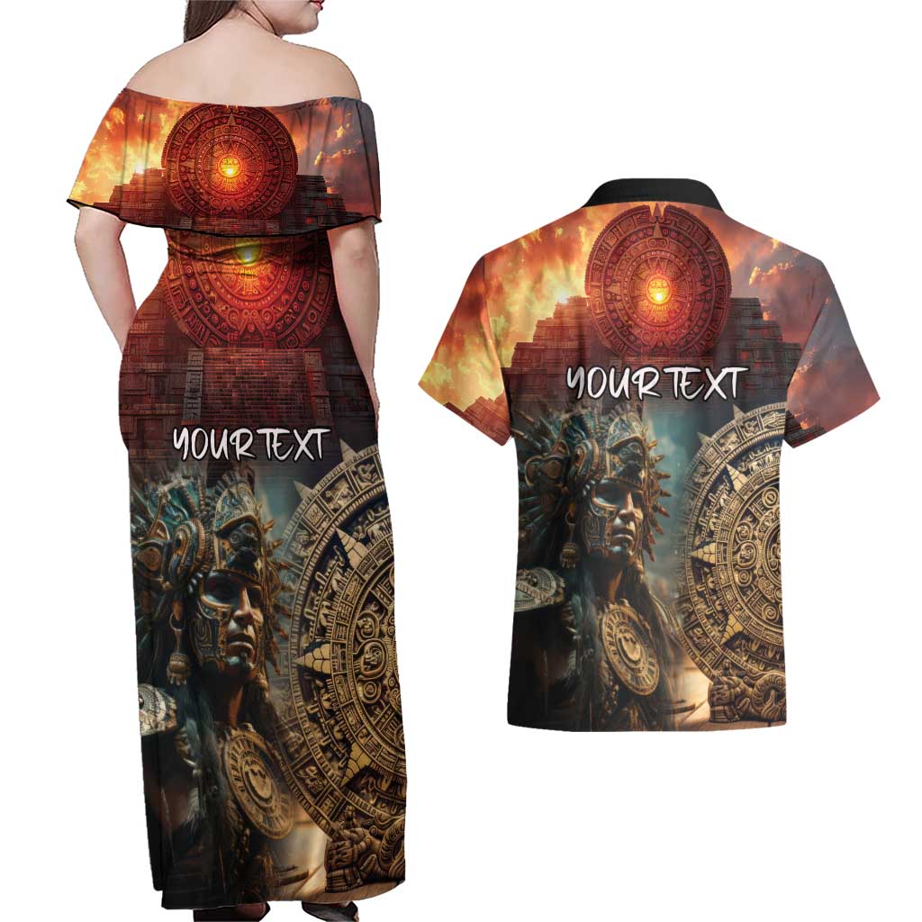 Personalized Mexican Aztec Warriors Couples Matching Off Shoulder Maxi Dress and Hawaiian Shirt - Wonder Print Shop