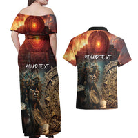 Personalized Mexican Aztec Warriors Couples Matching Off Shoulder Maxi Dress and Hawaiian Shirt - Wonder Print Shop