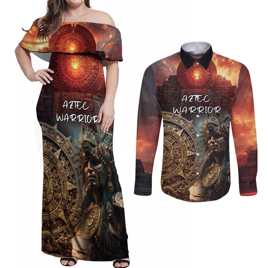 Personalized Mexican Aztec Warriors Couples Matching Off Shoulder Maxi Dress and Long Sleeve Button Shirt - Wonder Print Shop