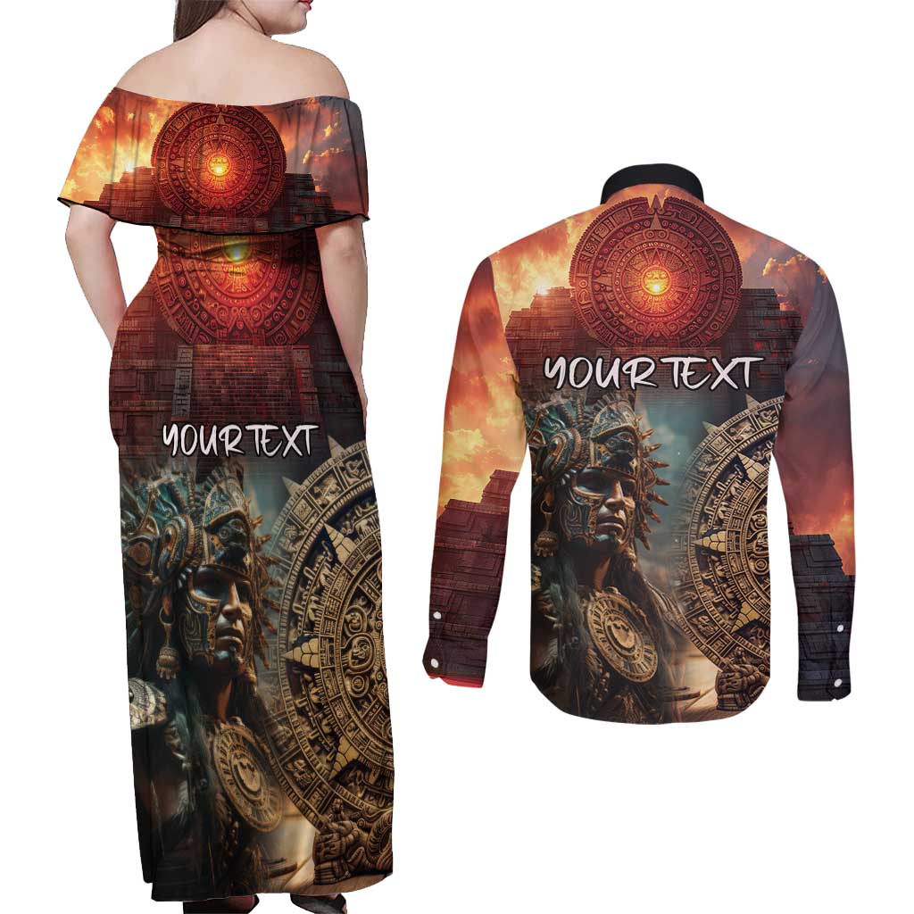 Personalized Mexican Aztec Warriors Couples Matching Off Shoulder Maxi Dress and Long Sleeve Button Shirt - Wonder Print Shop