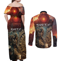 Personalized Mexican Aztec Warriors Couples Matching Off Shoulder Maxi Dress and Long Sleeve Button Shirt - Wonder Print Shop